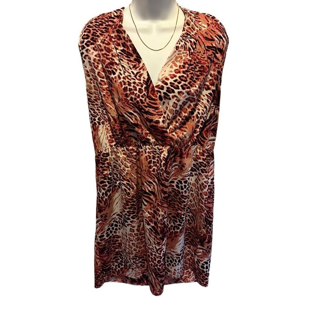 Mac & Jac Leopard Print Stretch Dress V-Neck Draped Front
